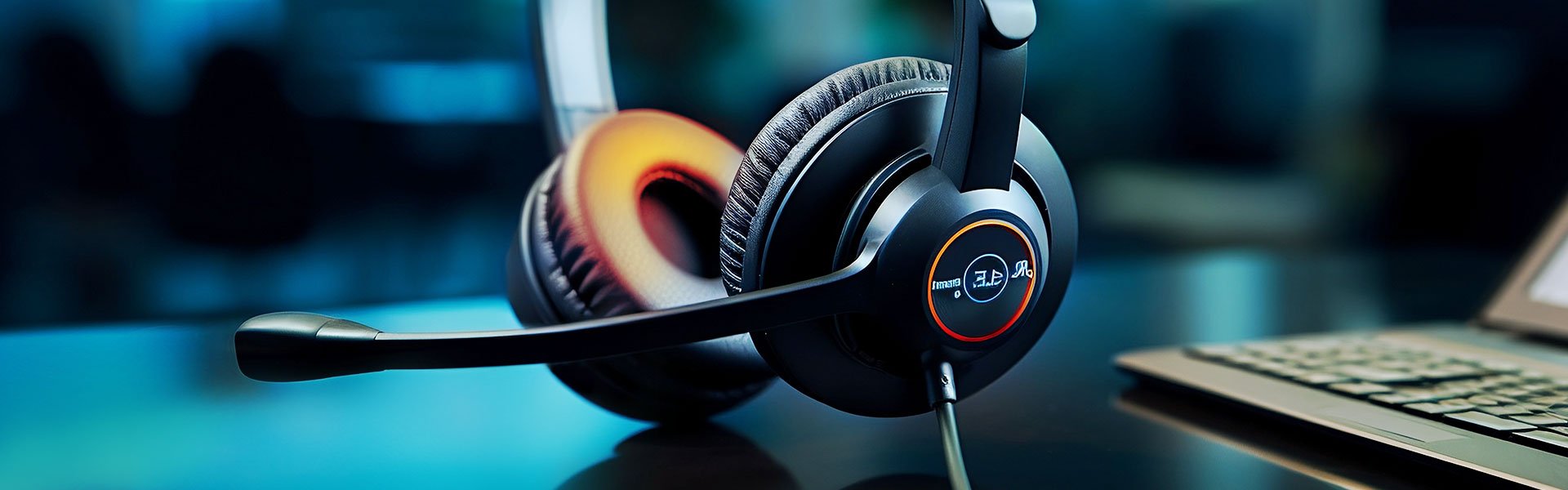 Headset und Laptop auf einem Schreibtisch